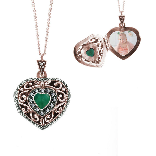emerald vintage heart locket in rose gold with opened and closed view