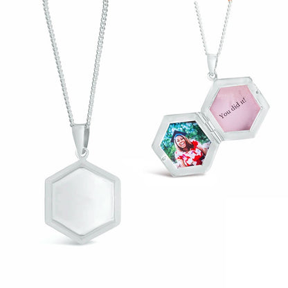 hexagon shaped locket in silver showing inside and outside view of locket