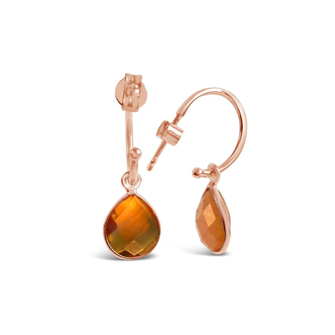 citrine drop hoop earrings in rose gold on a white background