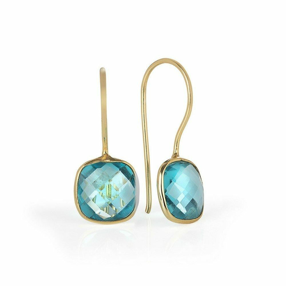 blue topaz earrings in gold on a white background