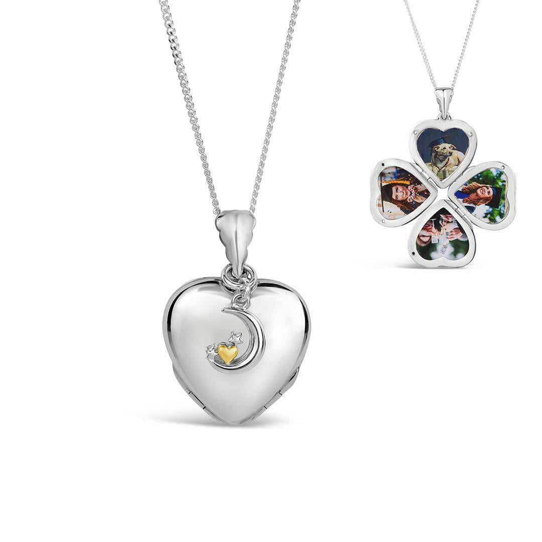 Lily Blanche silver heart shaped locket with moon charm and four photos