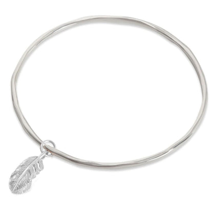 silver bangle with silver feather charm attached