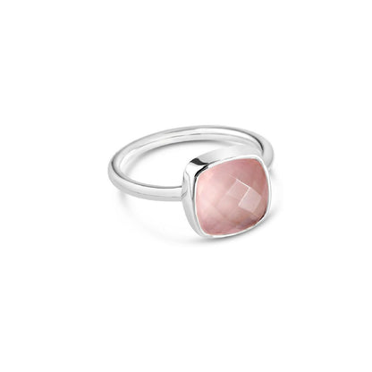 rose quartz cocktail ring in silver on a white background