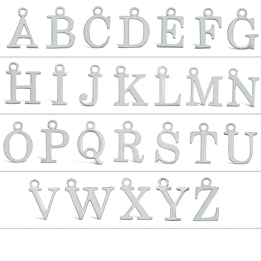 grid of initial charms in silver on a white background
