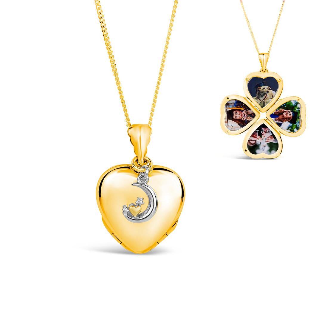 Lily Blanche gold heart shaped locket necklace with moon charm and four photos, shown open and closed