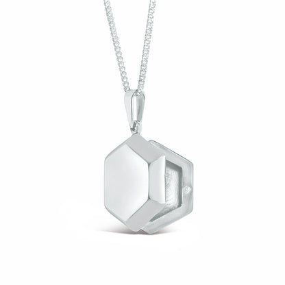 hexagon locket in silver from the side on a white background