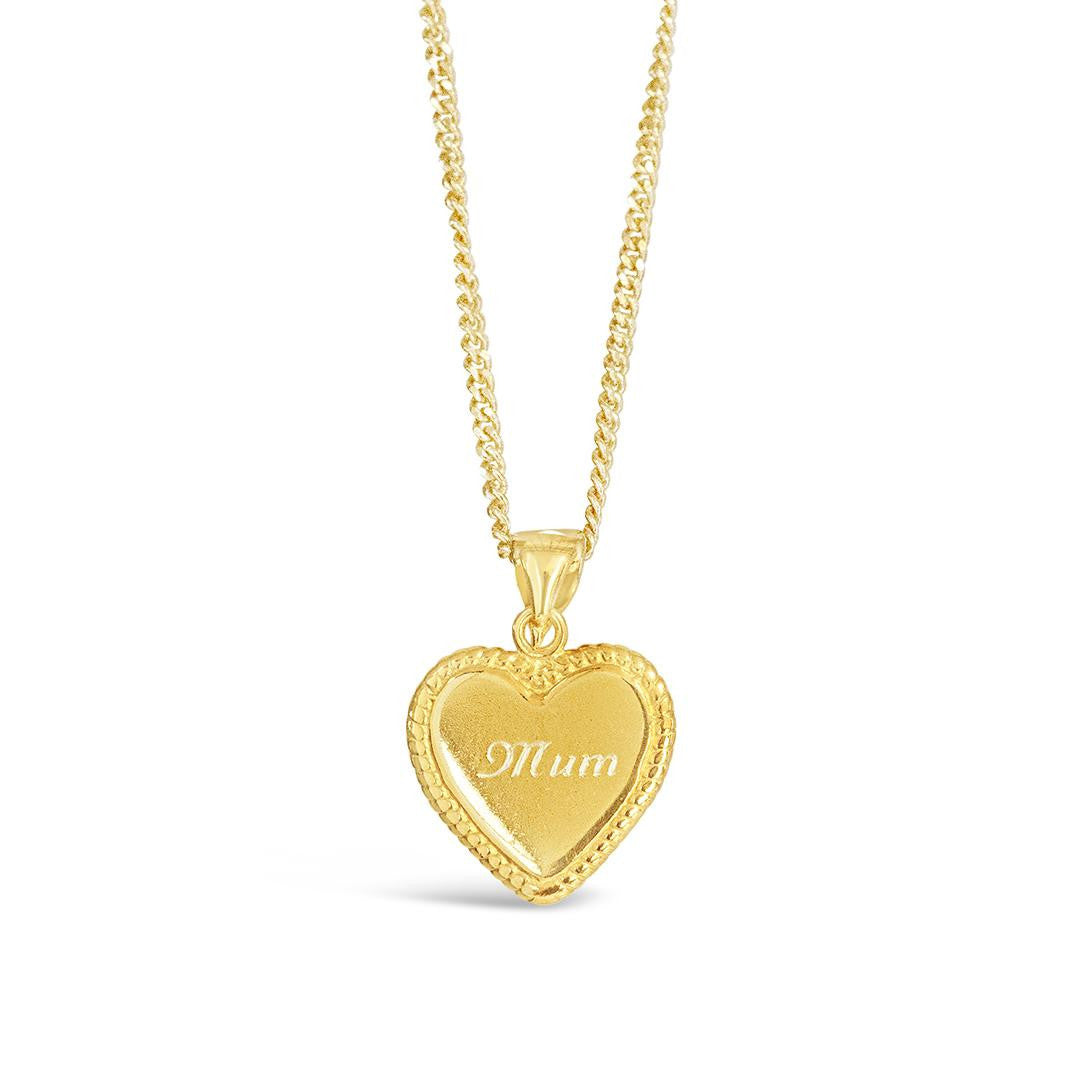 engravable heart necklace in gold on a white background