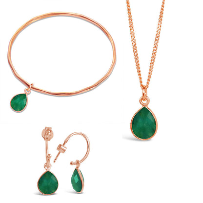 real Emerald birthstone necklace, bangle and hoop earrings in rose gold settings