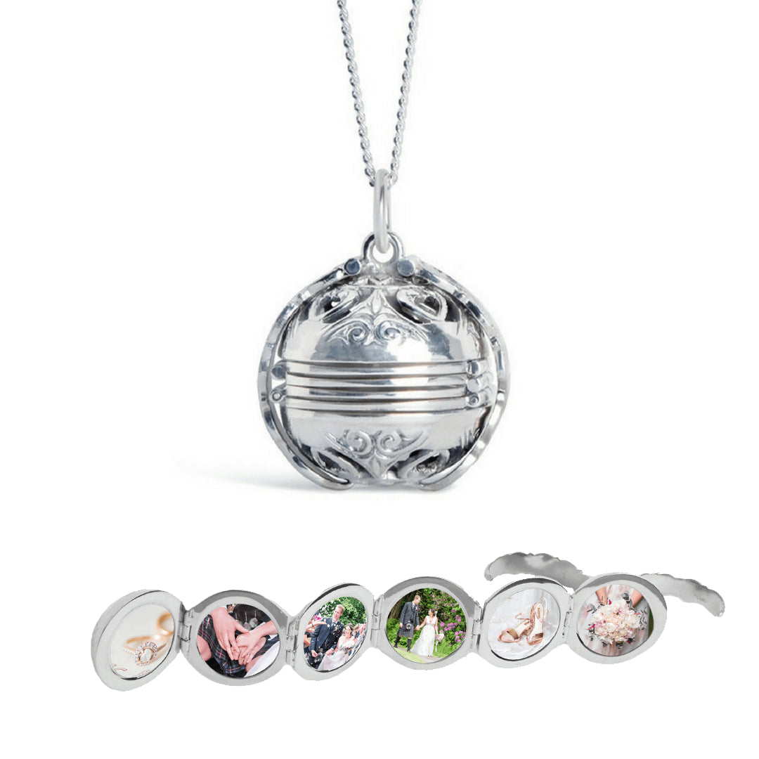 Lily Blanche silver memory keeper locket necklace with six photos, shown open and closed