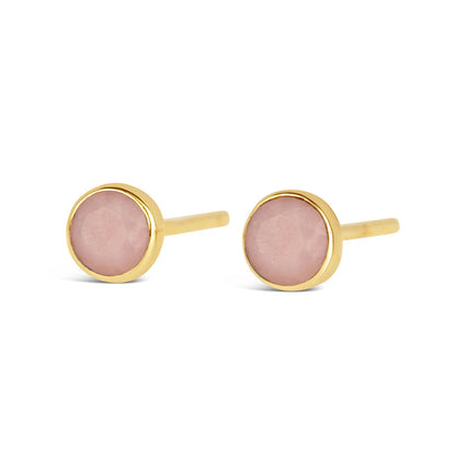 Pink opal mini stud earrings in gold on a white background