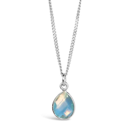 blue topaz charm necklace in silver on a white background