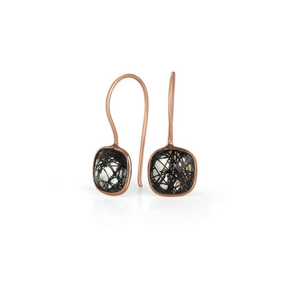 rutilated quartz earrings in rose gold on a white background