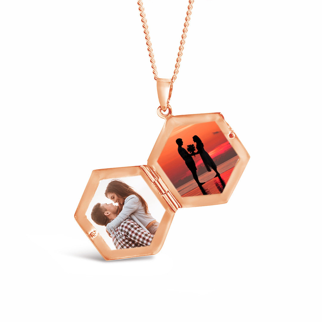opened men's hexagon locket in rose gold on a white background