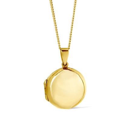 men's round locket necklace in gold on a white background