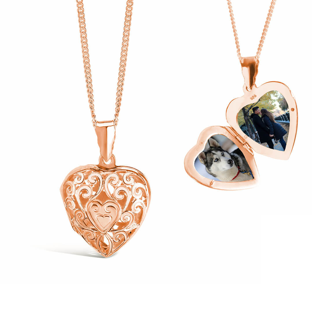 heart locket necklace in rose gold on a white background