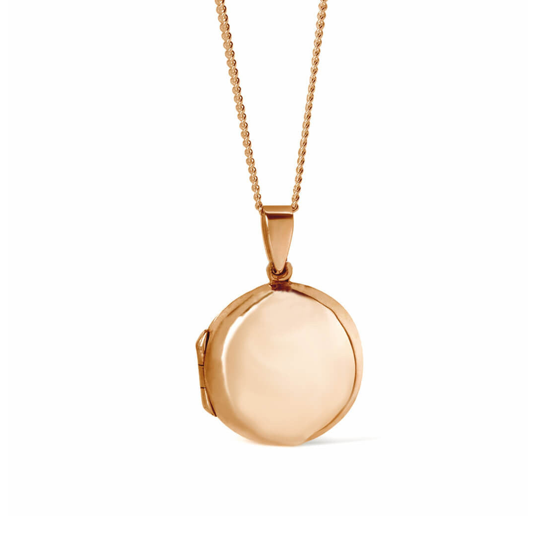 men's round locket necklace in rose gold on a white background
