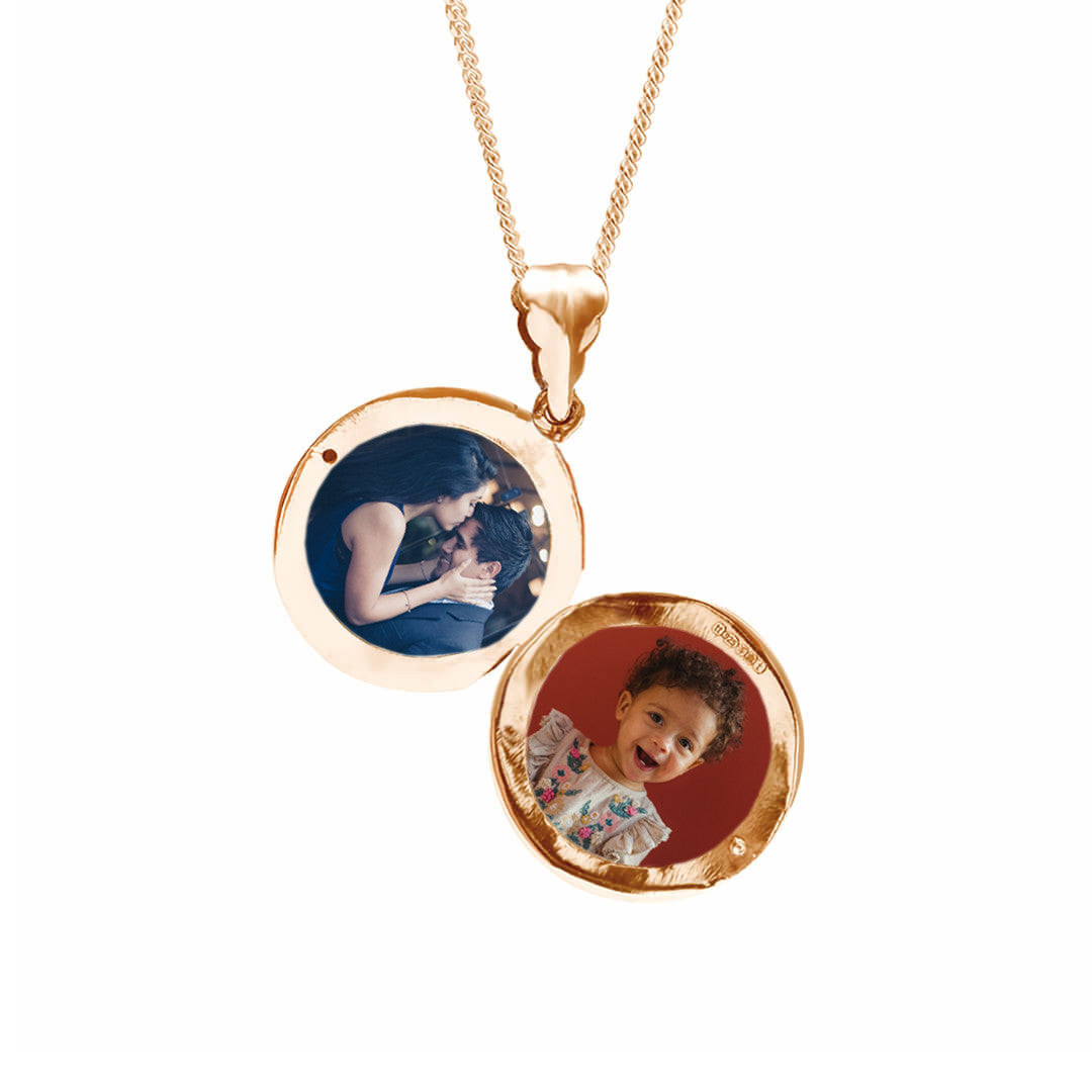 mens round locket necklace in rose gold with photos inside