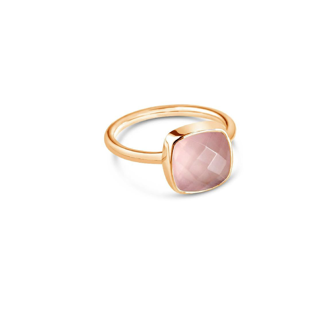 rose quartz cocktail ring in rose gold on a white background 