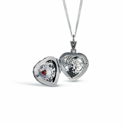 Lily Blanche silver vintage heart necklace with garnet gemstone open