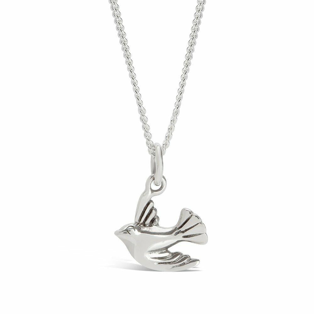 bird pendant in silver on a white background