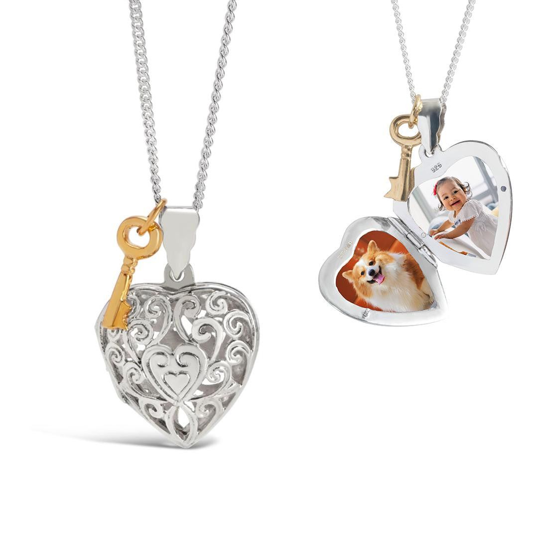 key locket in silver with opened and closed view and gold key charm attached