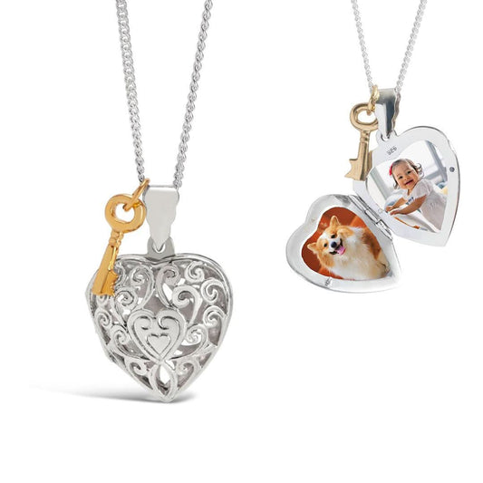 key locket in silver with opened and closed view and gold key charm attached