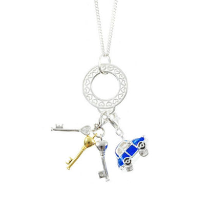 beetle car charm and key pendants attached to a necklace