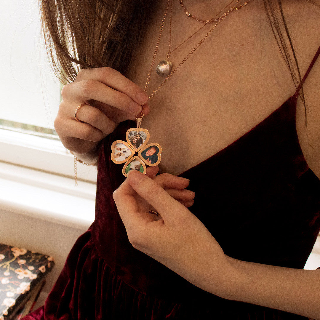 model wearing rose gold heart locket with 4 photos