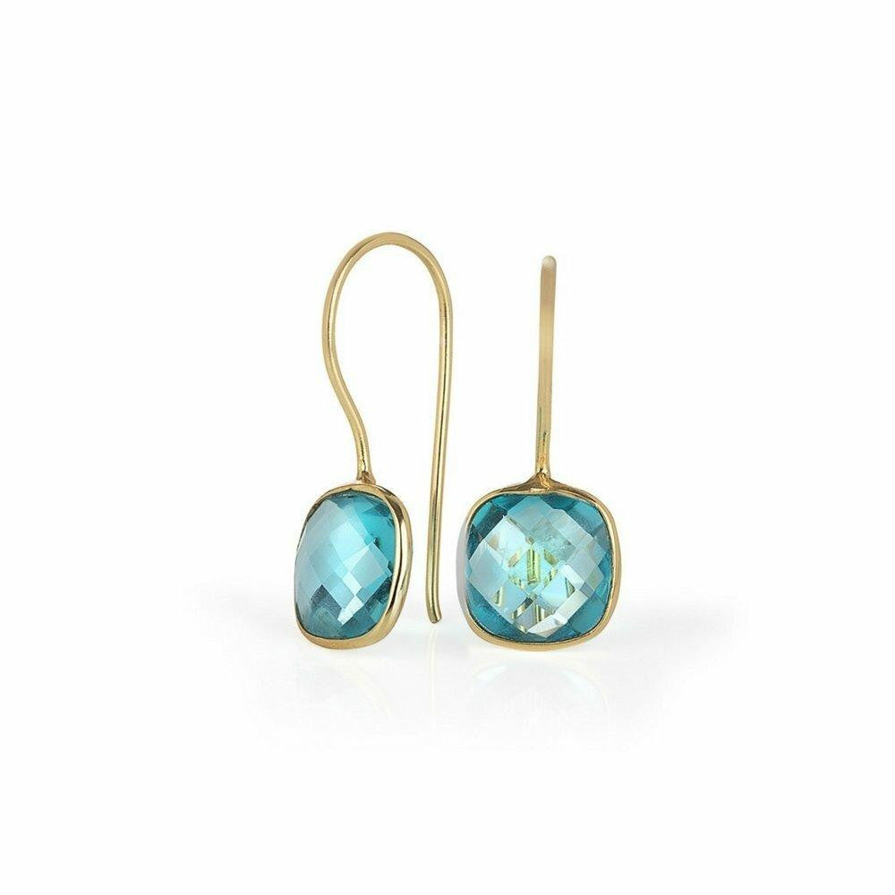 blue topaz earrings in gold on a white background
