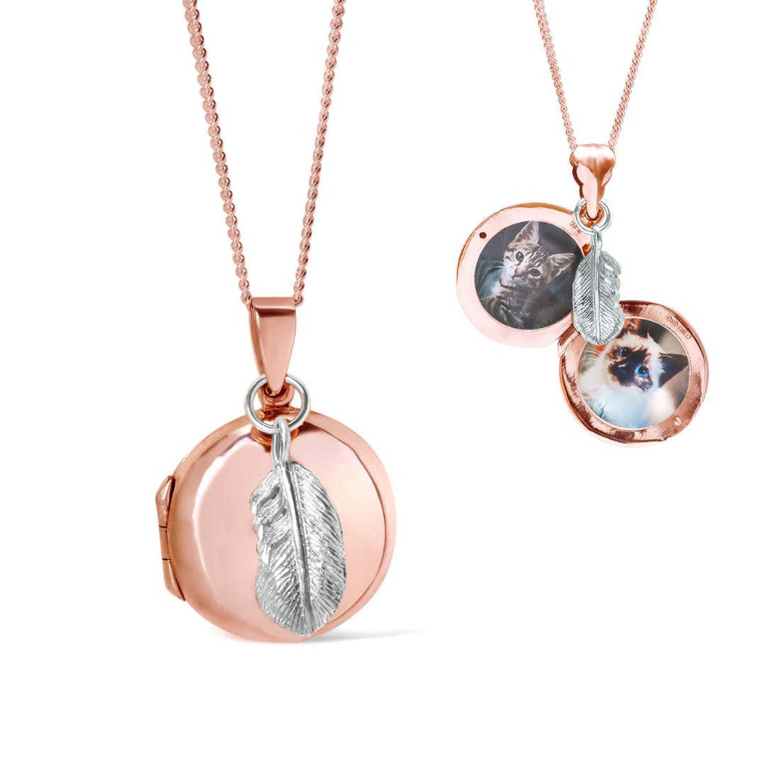 feather locket in rose gold with silver feather charm