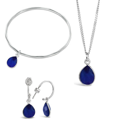 silver sapphire charm bangle, necklace and drop hoop earrings