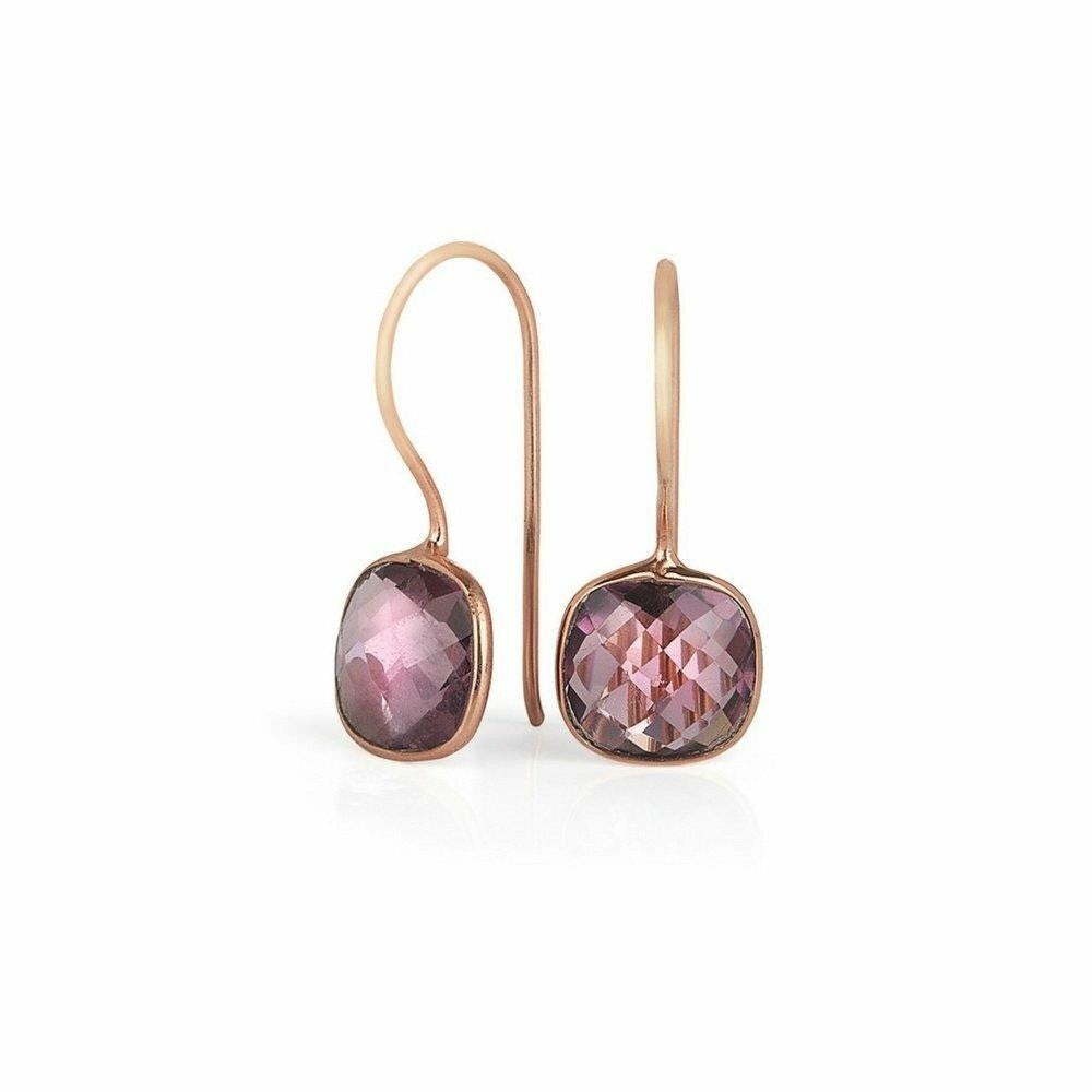 purple amethyst earrings in rose gold on a white background