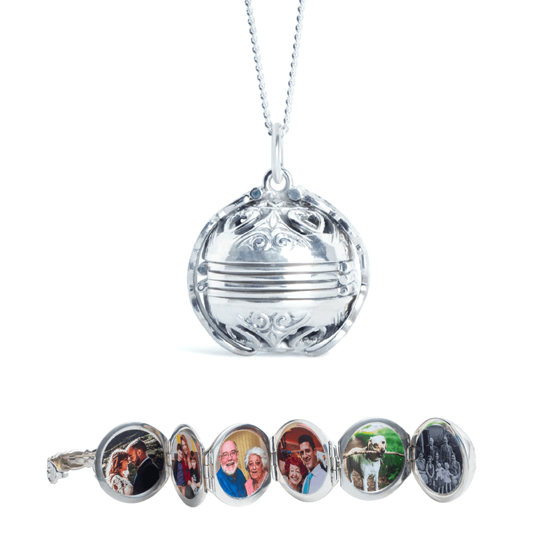 Lily Blanche white gold memory keeper locket necklace with six photos, shown open and closed
