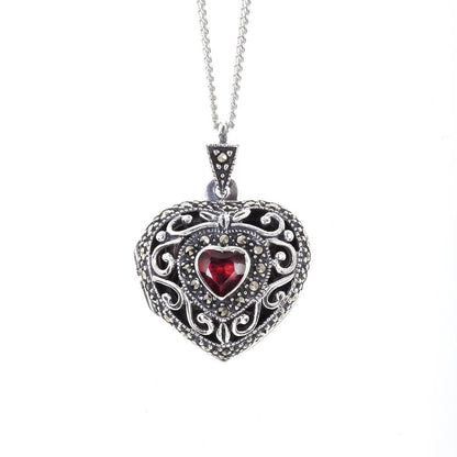 Lily Blanche silver vintage heart locket with garnet gemstone