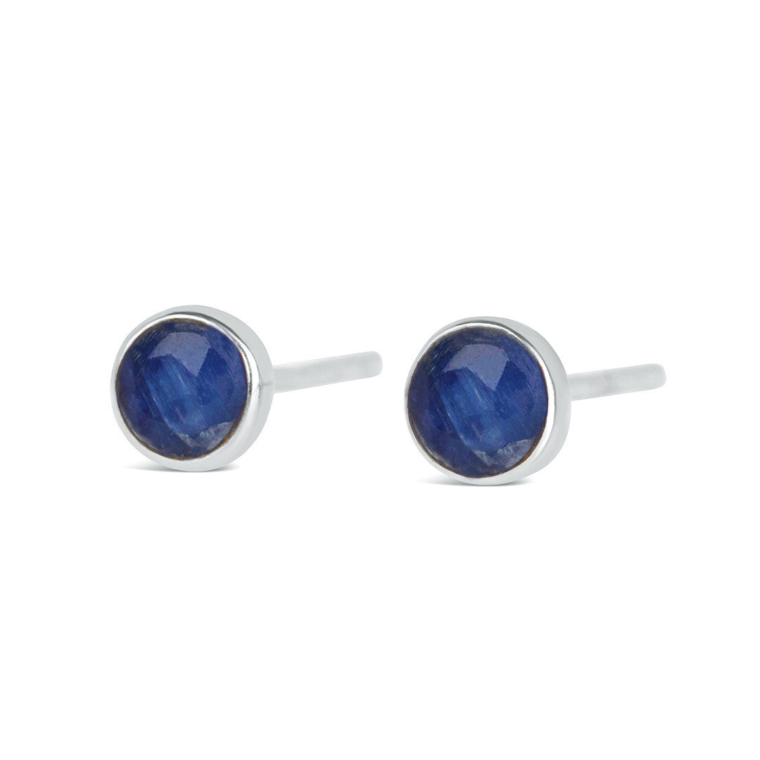 Lily Blanche silver mini stud gemstone sapphire earrings showing a front view of the pair