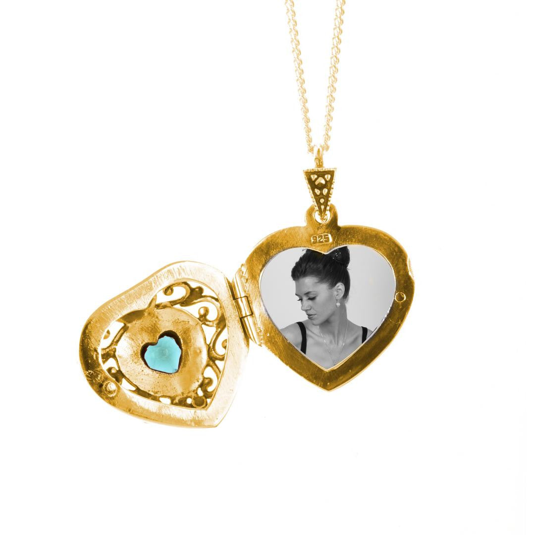 Lily Blanche gold vintage heart locket with topaz gemstone and photo