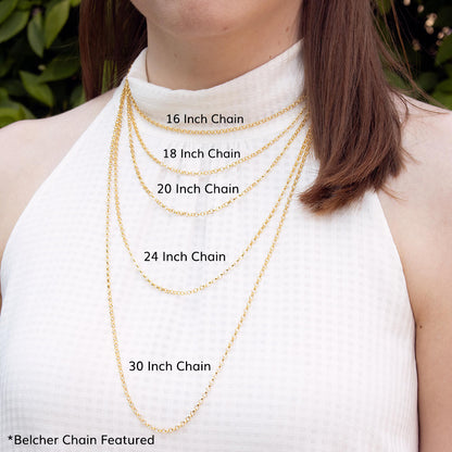 model wearing gold belcher chain in different lengths 