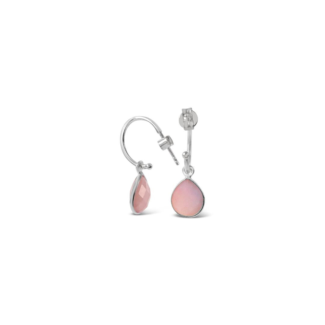 pink opal drop hoop earrings in silver