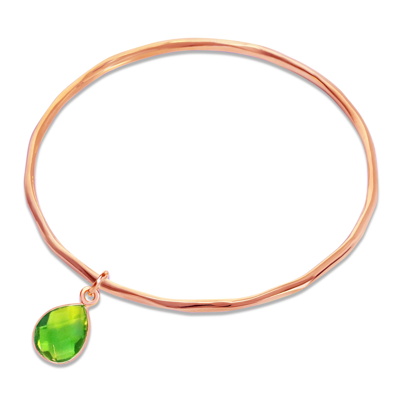 real green peridot teardrop gemstone on a rose gold thin bangle