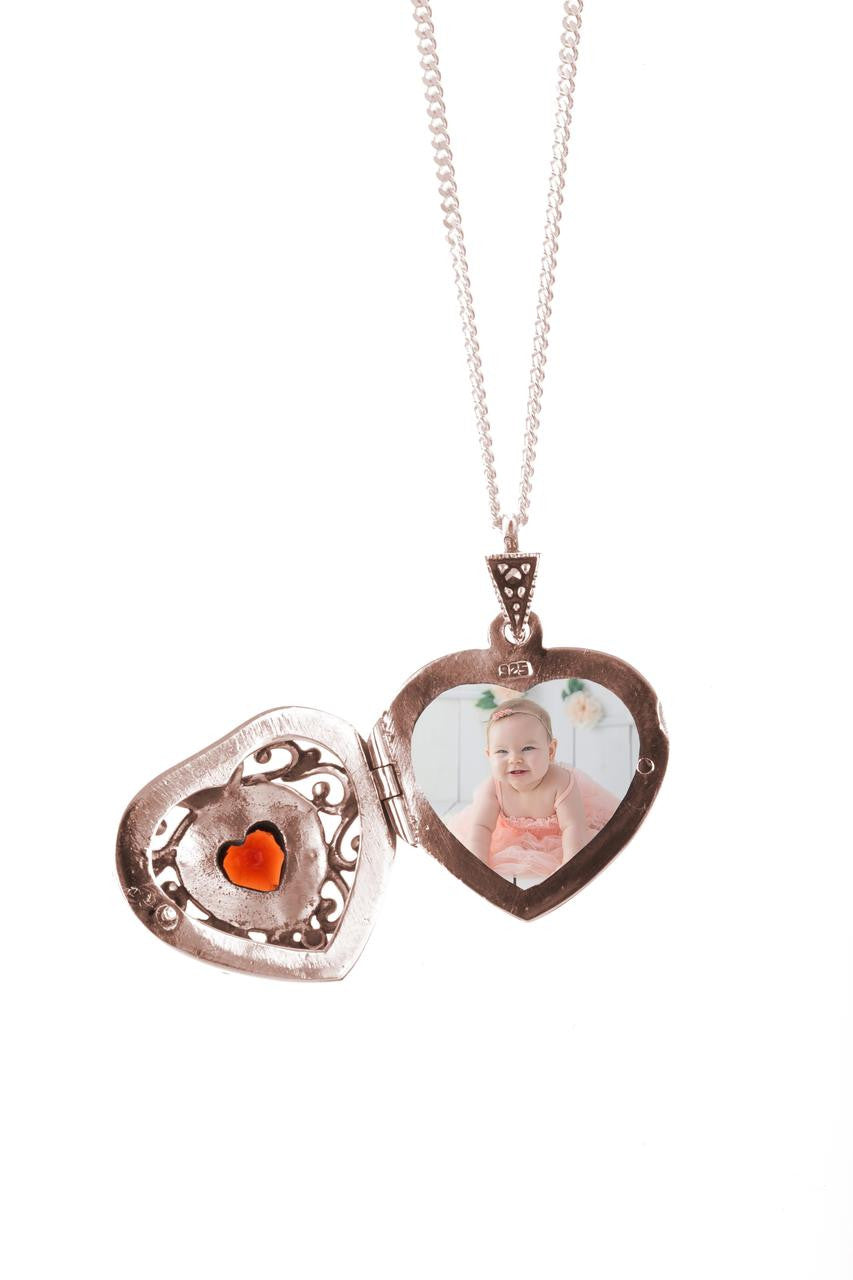 Lily Blanche rose gold vintage heart locket with garnet gemstone and photo