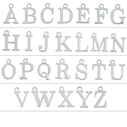 grid of silver initial charms on a white background