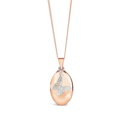 four photo oval butterfly locket in rose gold on a white backgroud