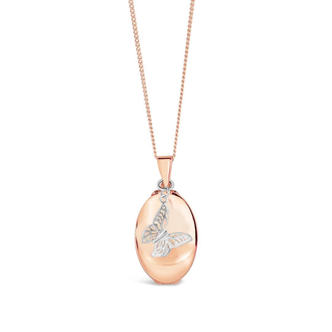 four photo oval butterfly locket in rose gold on a white backgroud