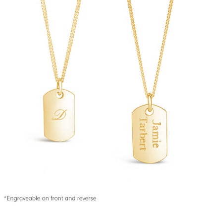 men's dog tag necklace in gold with engraved message on front and back