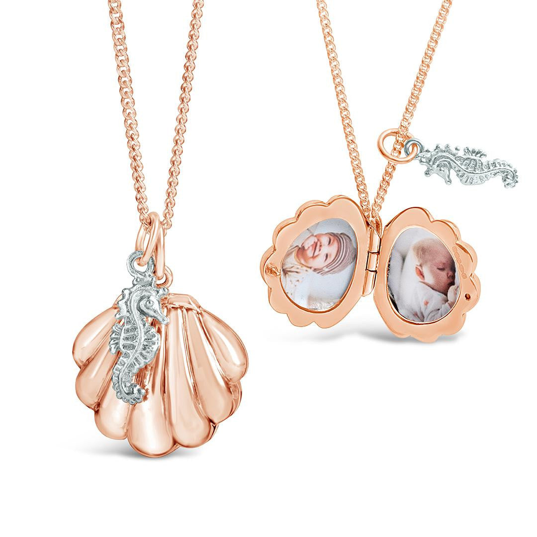 rose gold shell locket with silver seahorse charm closed and locket open with 2 photos fitted inside