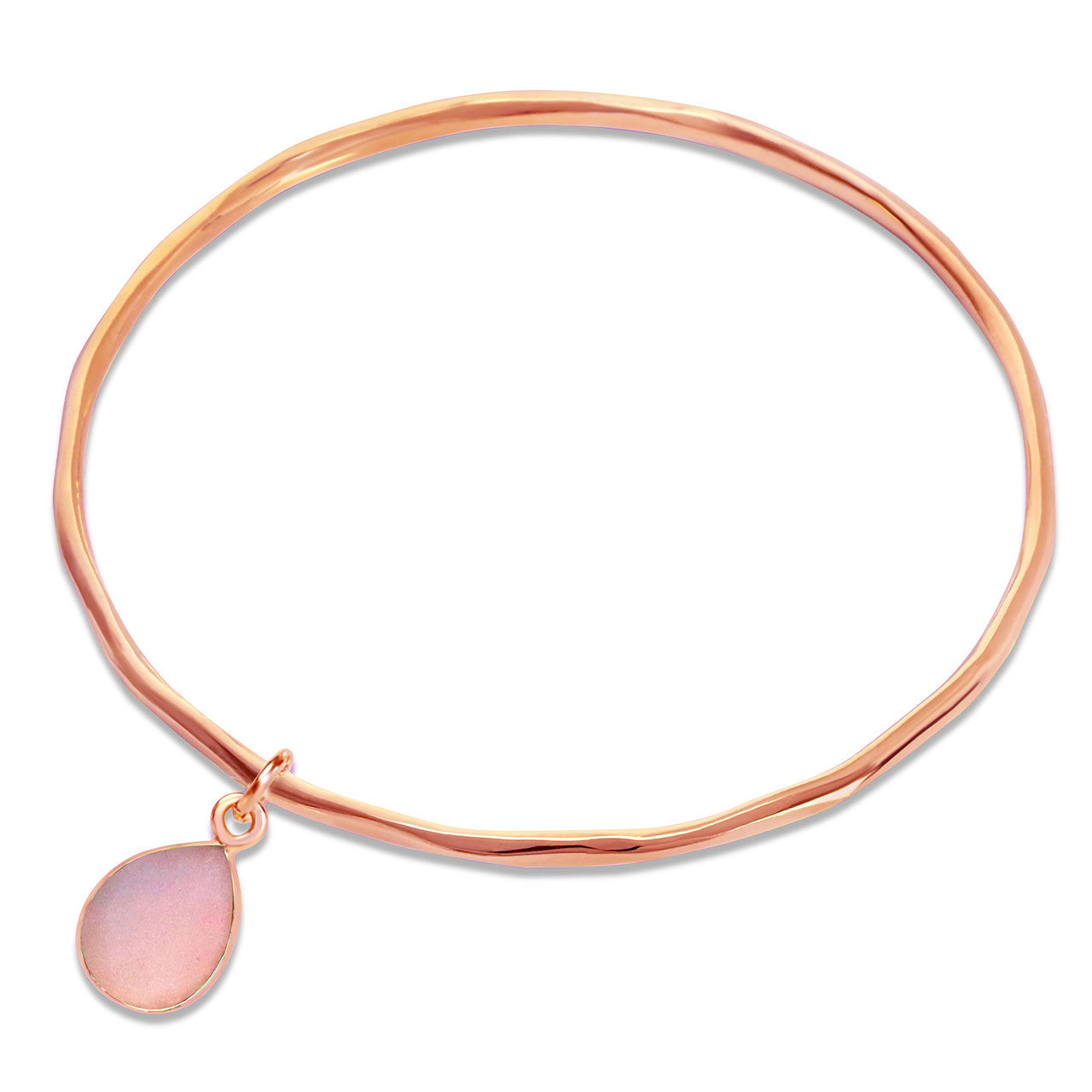 pink opal charm bangle in rose gold on a white background