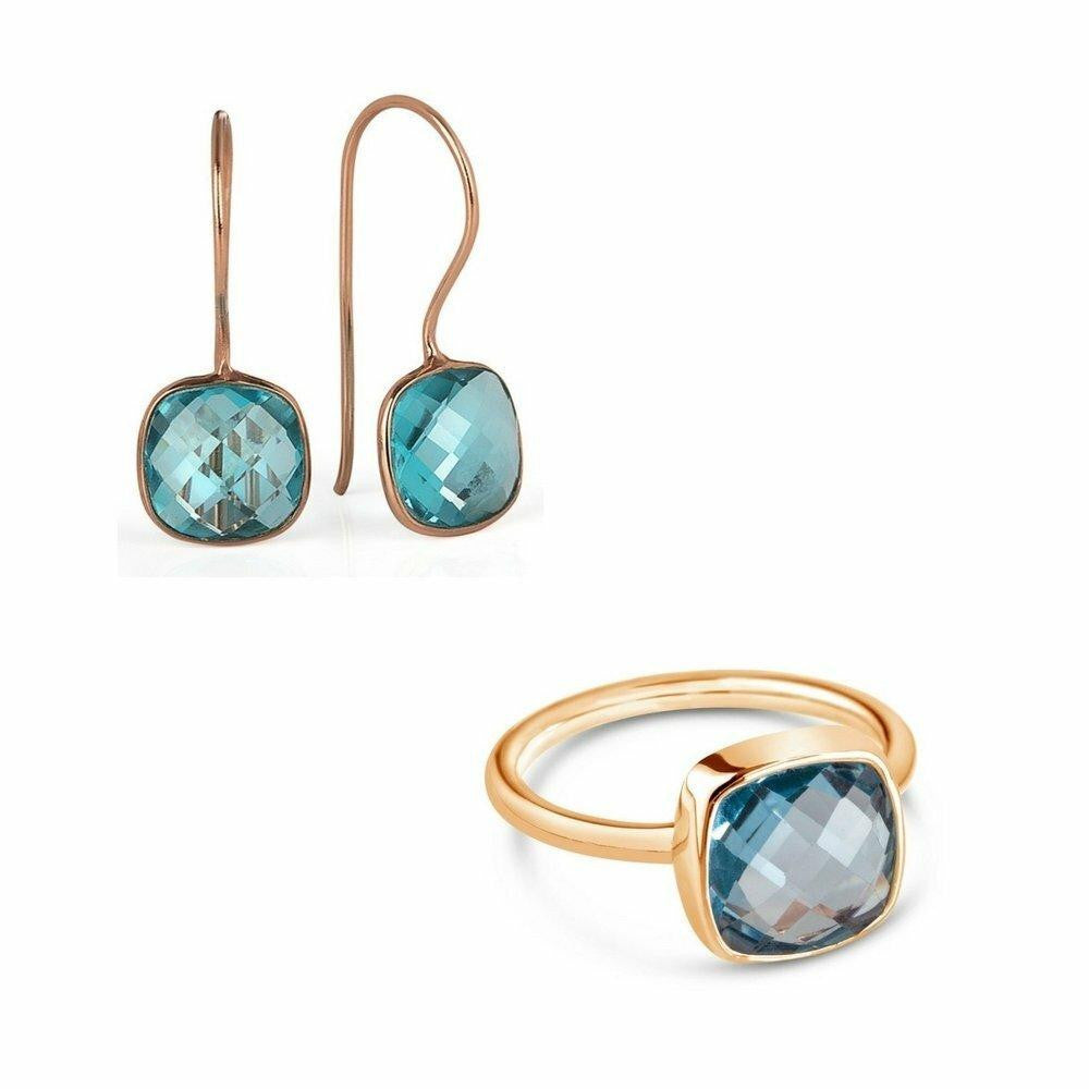 blue topaz earrings and cocktail ring on a white background