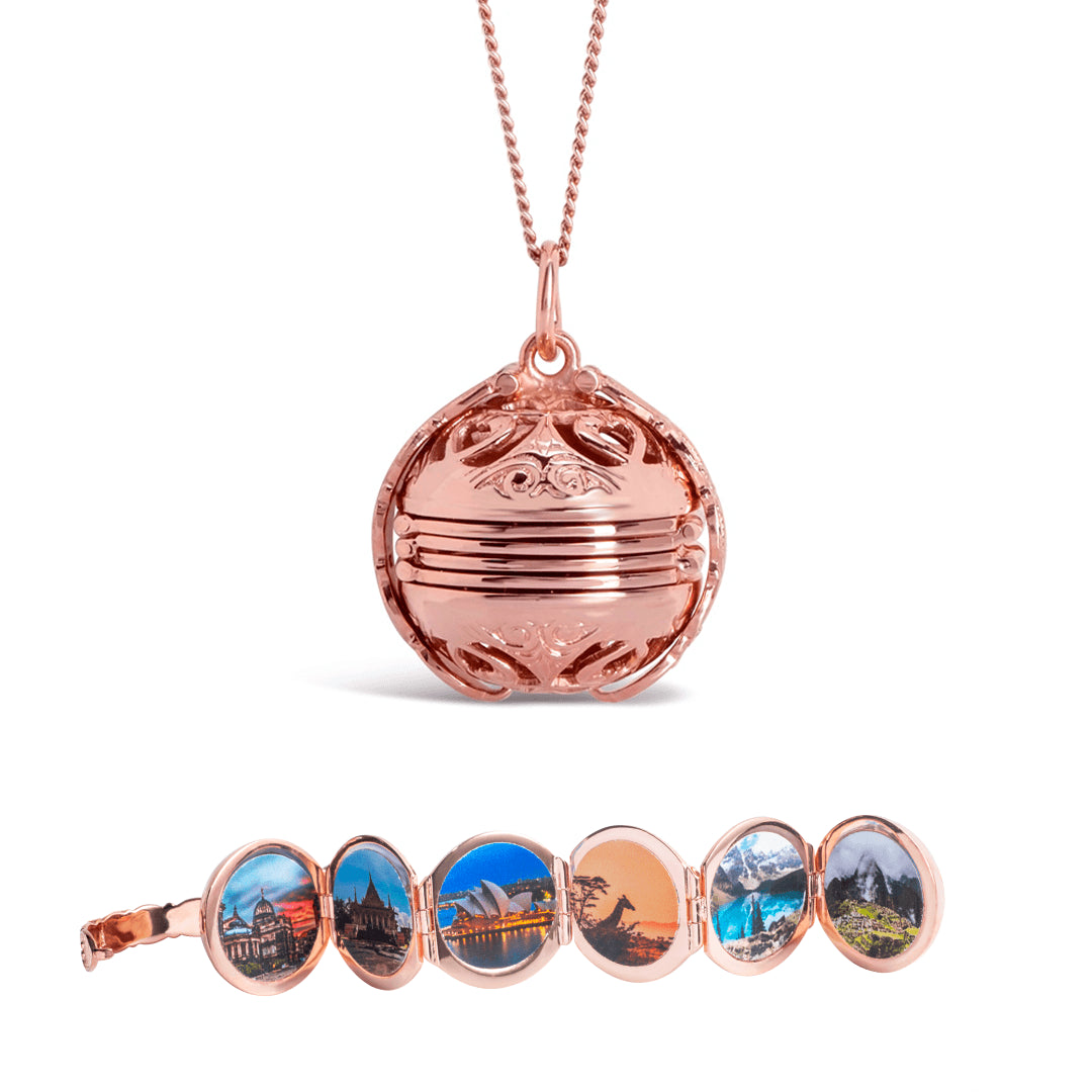 Lily Blanche rose gold memory keeper locket necklace with six photos, shown open and closed