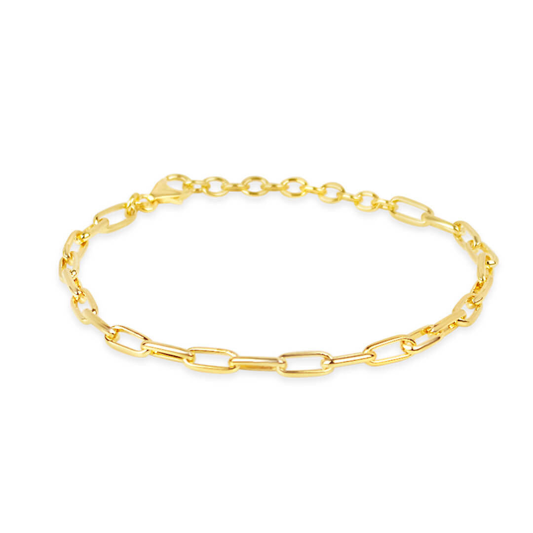 paperclip chain bracelet in gold on a white background