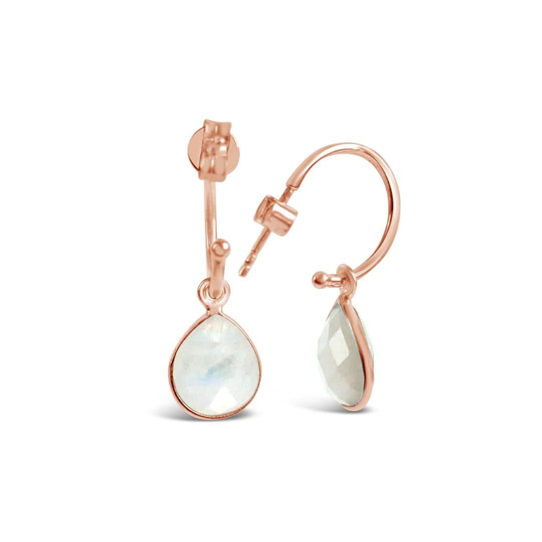 White Quartz Drop Hoop Earrings | Rose Gold - April